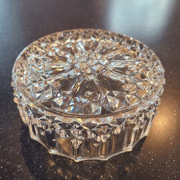 Diamond Cut Drum Shape Glass Crystal Round Open Trinket Candy Dish Vintage - Picture 7 of 10